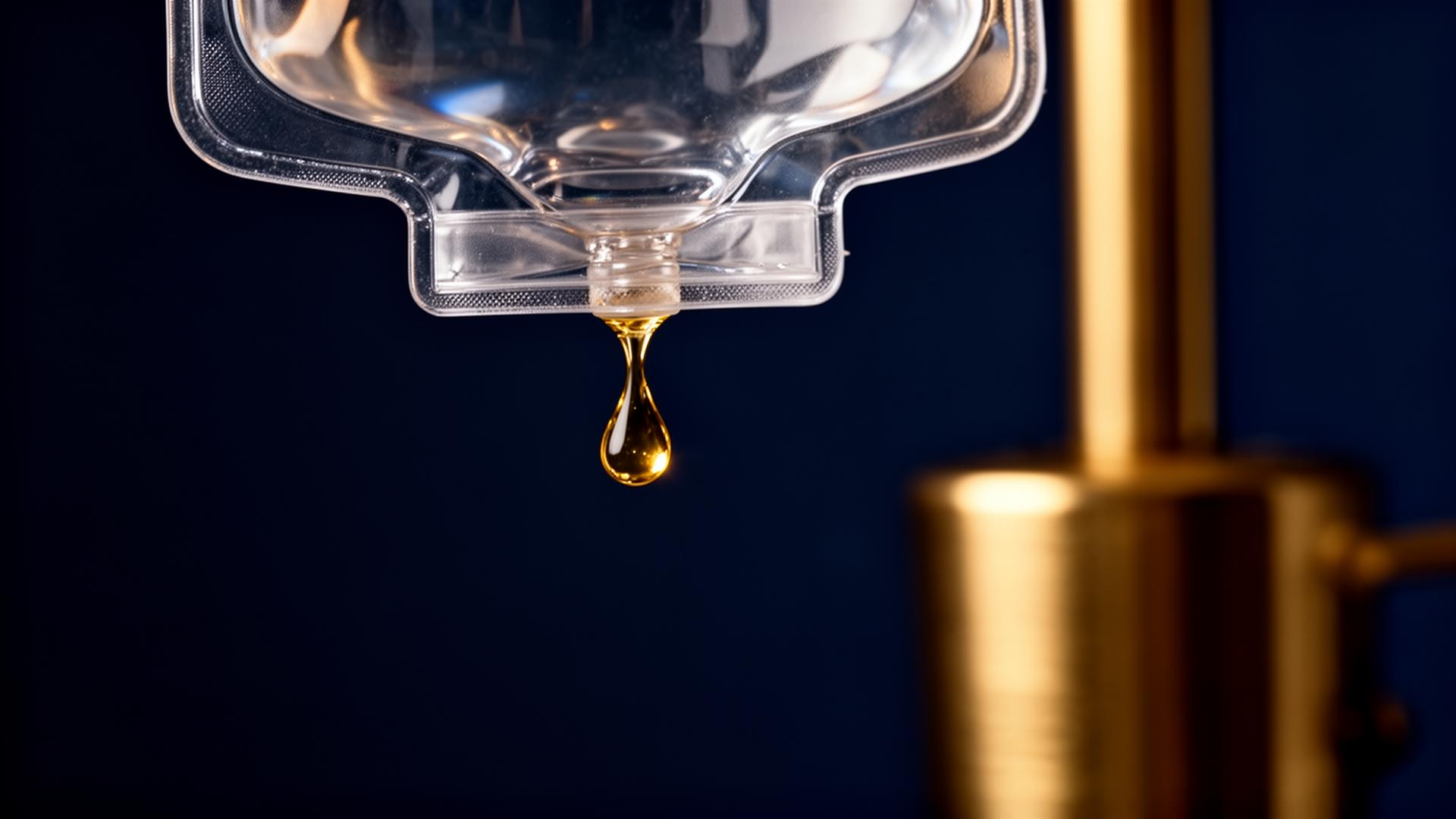 IV drip bag with single golden droplet against navy background