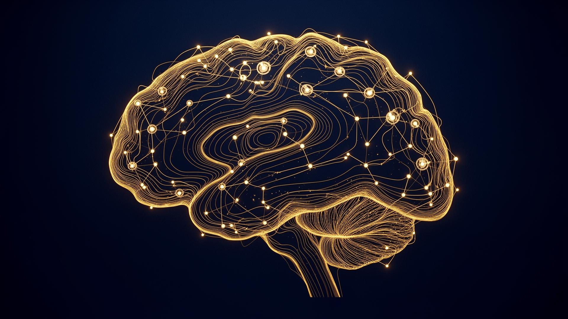 Abstract golden brain rendered as topographic contour lines